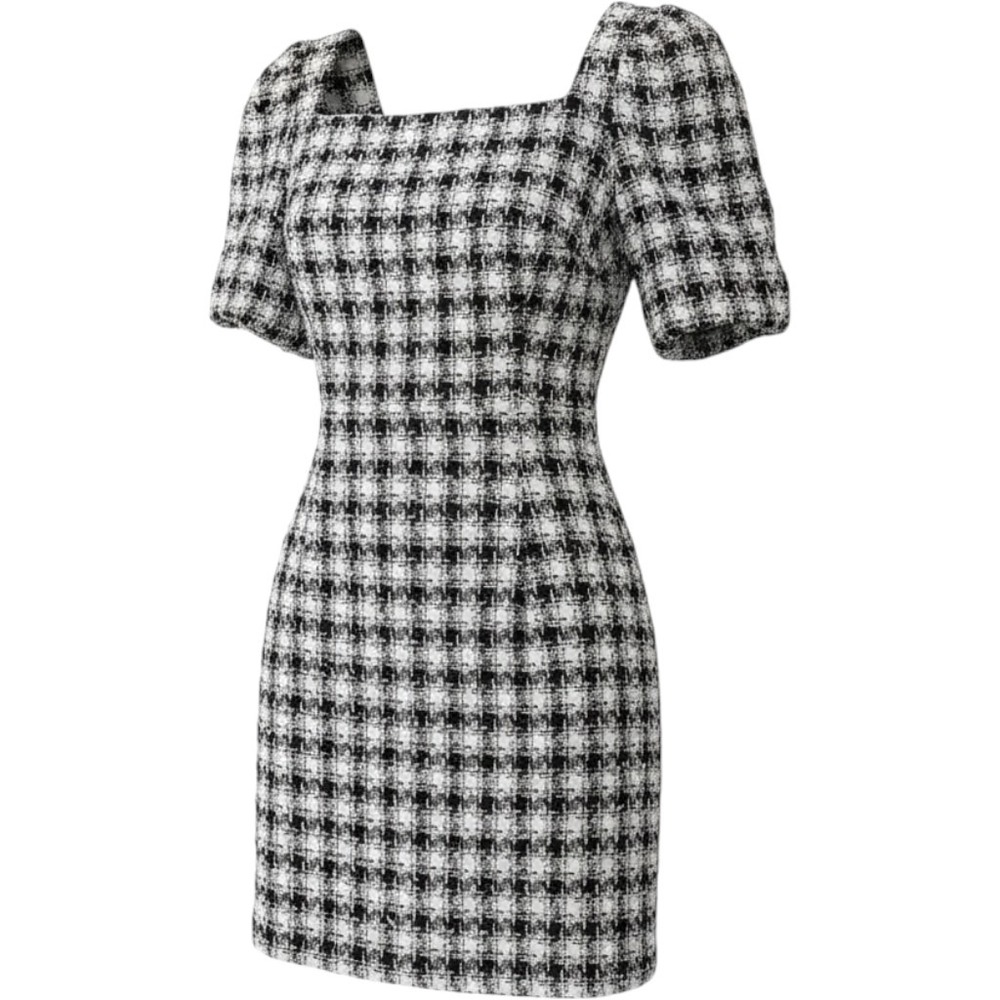 Pink Lily Black White Plaid Tweed Mini Dress Square Neck Puff Sleeve Size Small